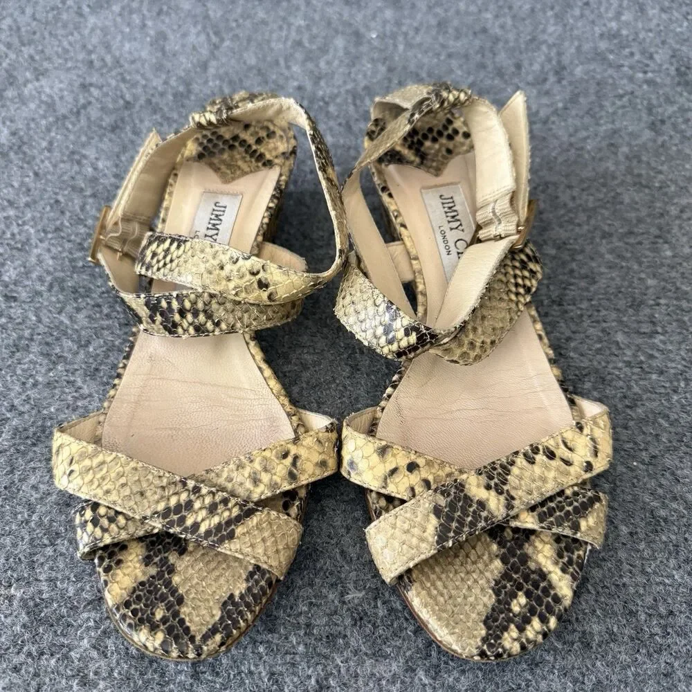 Jimmy Choo Connor Tan Snake Print Ankle Strap Low Wedge Sandals EU 37.5 US 7.5
